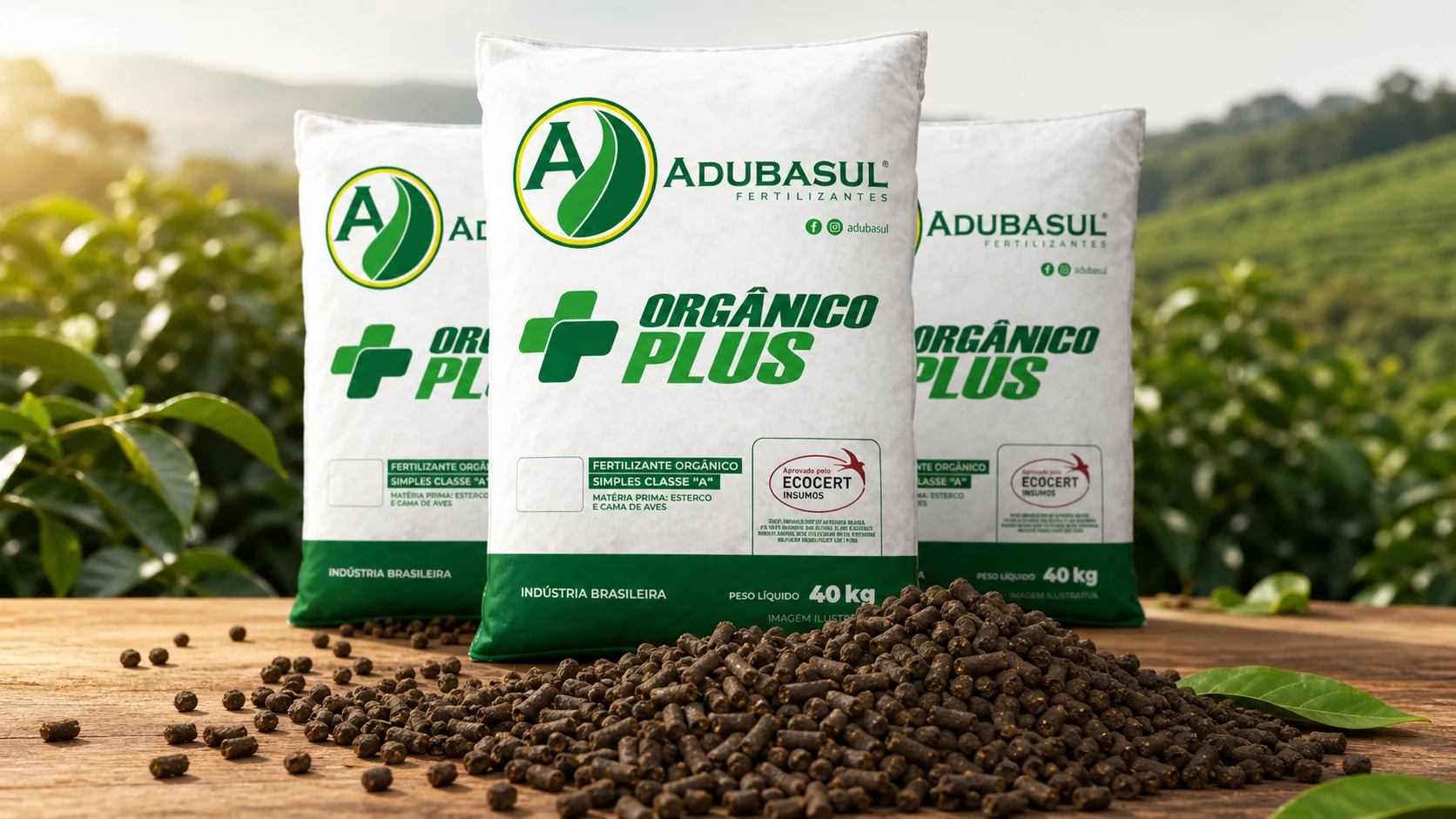 Arte comercial com sacos do fertilizante Orgânico Plus Adubasul e adubo orgânico granulado